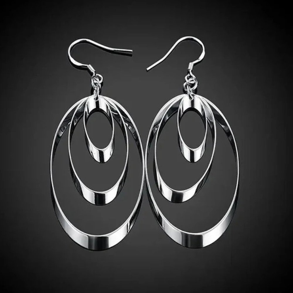 Gorgeous .925 Sterling Silver 3 Ovals Hanging Earrings